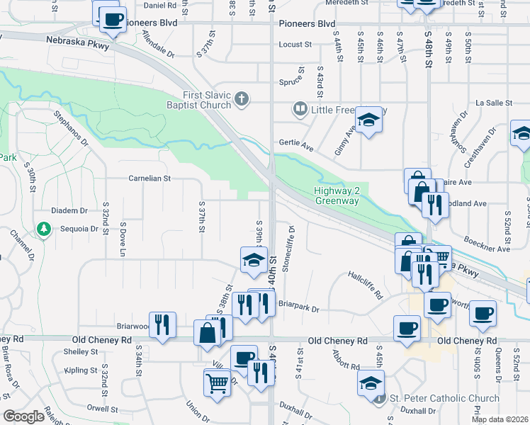 map of restaurants, bars, coffee shops, grocery stores, and more near 5300 Stonecliffe Drive in Lincoln