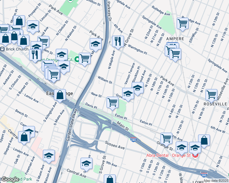 map of restaurants, bars, coffee shops, grocery stores, and more near 132 County Road 509 in East Orange