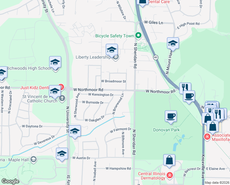 map of restaurants, bars, coffee shops, grocery stores, and more near 821 West Kensington Drive in Peoria