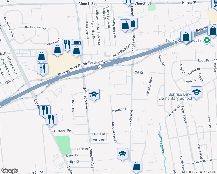 map of restaurants, bars, coffee shops, grocery stores, and more near 79 Revere Drive in Sayville