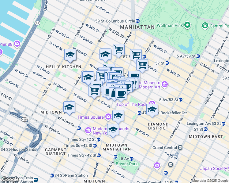 map of restaurants, bars, coffee shops, grocery stores, and more near in New York