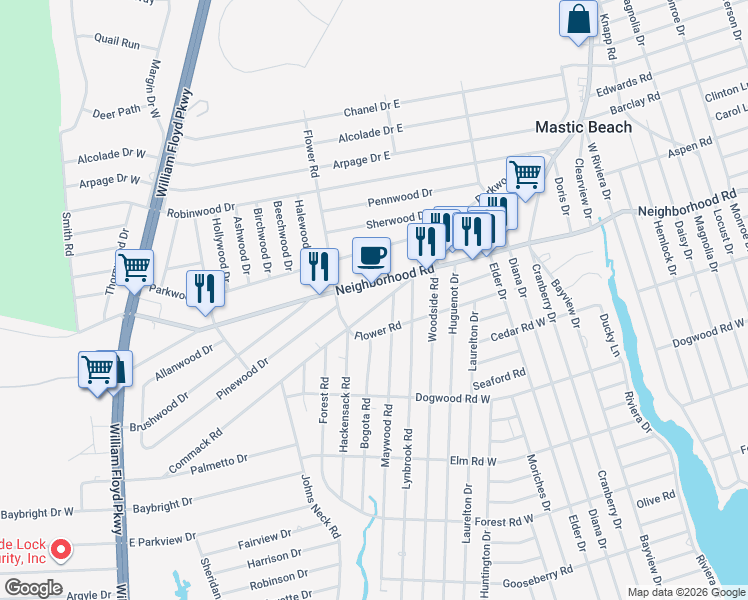 map of restaurants, bars, coffee shops, grocery stores, and more near 201 Commack Road in Mastic Beach