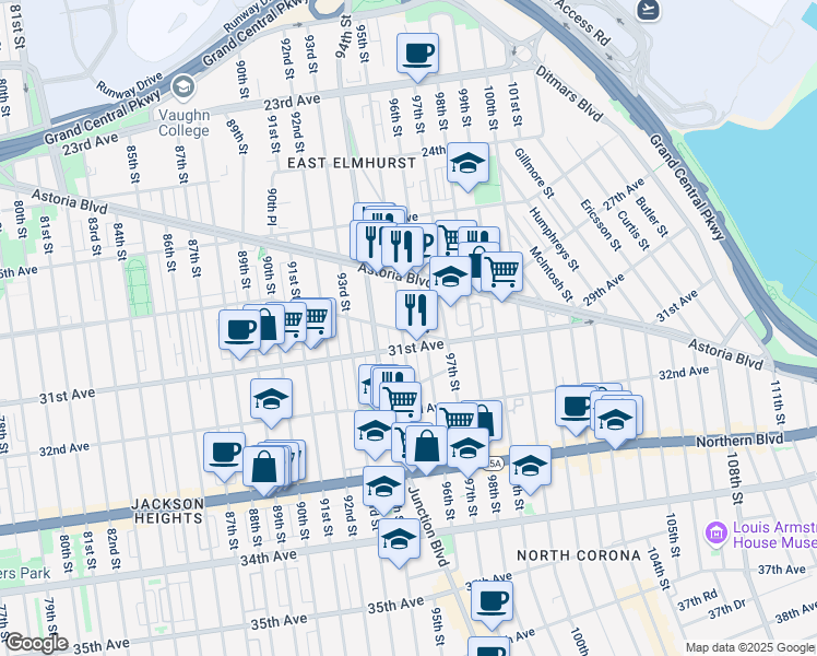map of restaurants, bars, coffee shops, grocery stores, and more near 26-57 95th Street in Queens