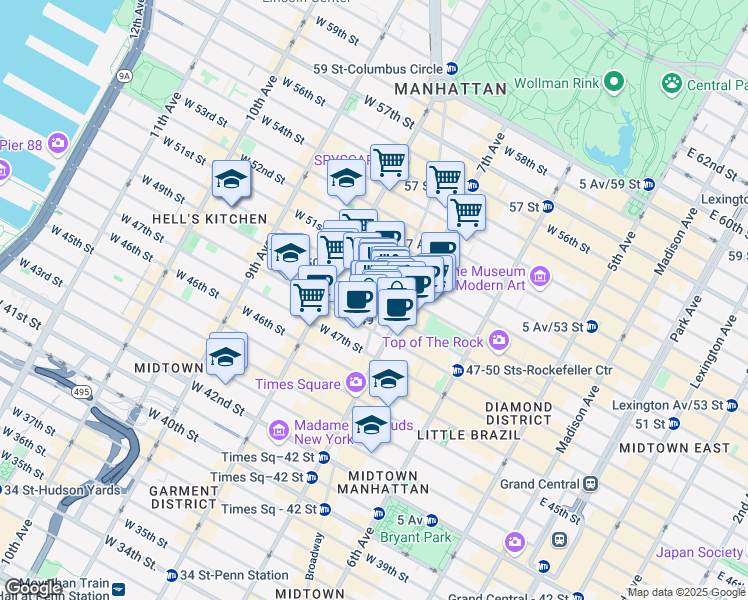 map of restaurants, bars, coffee shops, grocery stores, and more near 1619 Broadway in New York