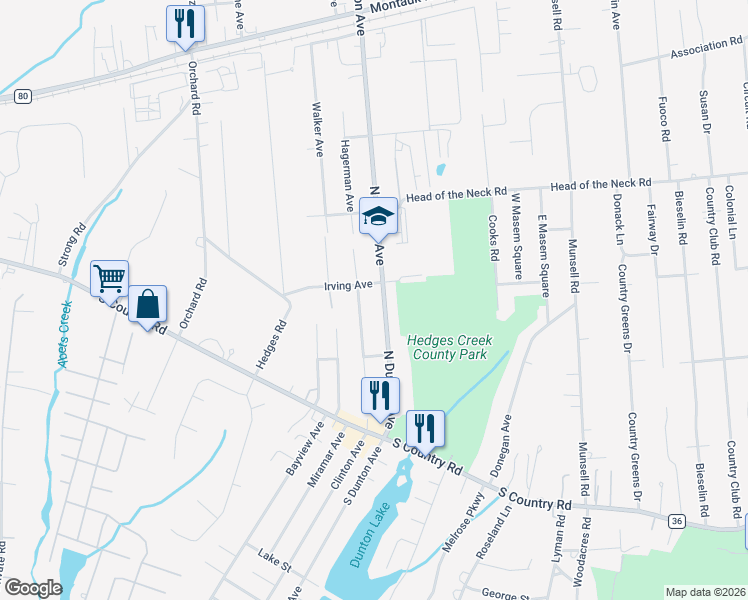 map of restaurants, bars, coffee shops, grocery stores, and more near 118 North Dunton Avenue in East Patchogue