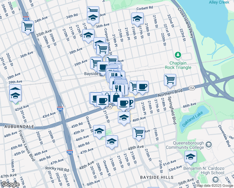 map of restaurants, bars, coffee shops, grocery stores, and more near 43-6 Bell Boulevard in Queens