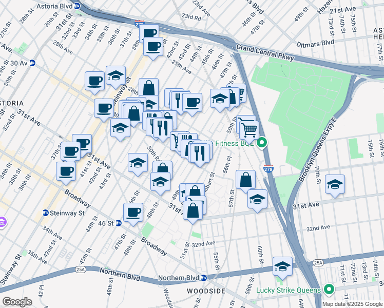 map of restaurants, bars, coffee shops, grocery stores, and more near 48-11 30th Avenue in Queens