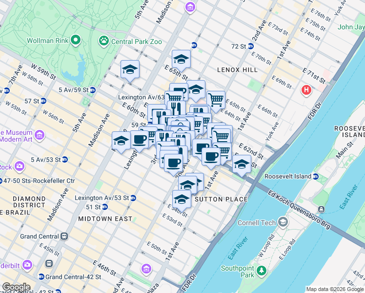map of restaurants, bars, coffee shops, grocery stores, and more near 979 3rd Avenue in New York