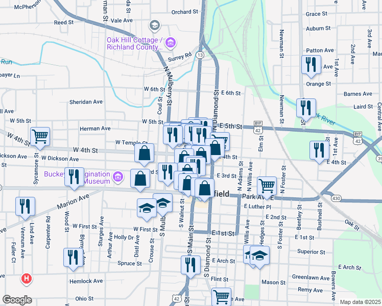 map of restaurants, bars, coffee shops, grocery stores, and more near 4 West 4th Street in Mansfield