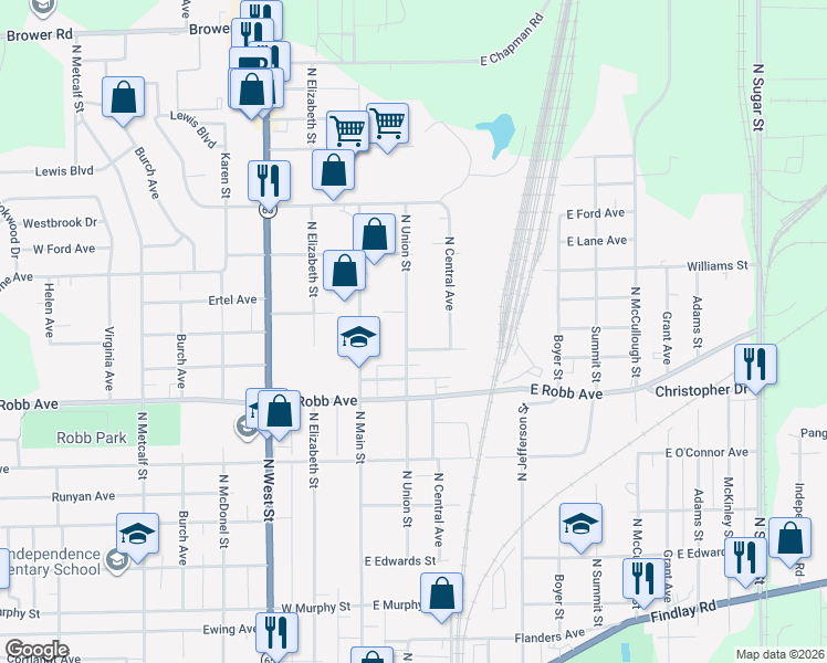 map of restaurants, bars, coffee shops, grocery stores, and more near 1424 North Union Street in Lima