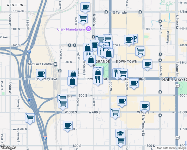 map of restaurants, bars, coffee shops, grocery stores, and more near 336 University Boulevard in Salt Lake City