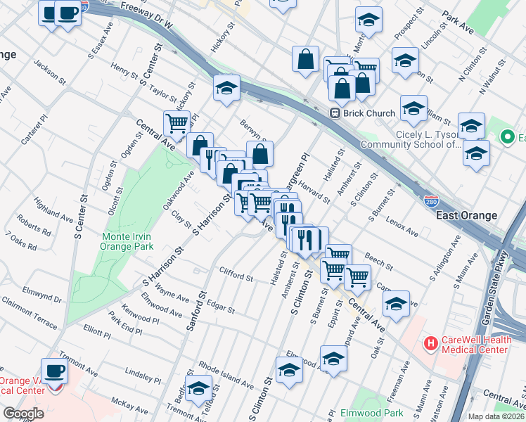 map of restaurants, bars, coffee shops, grocery stores, and more near 597 Central Avenue in East Orange