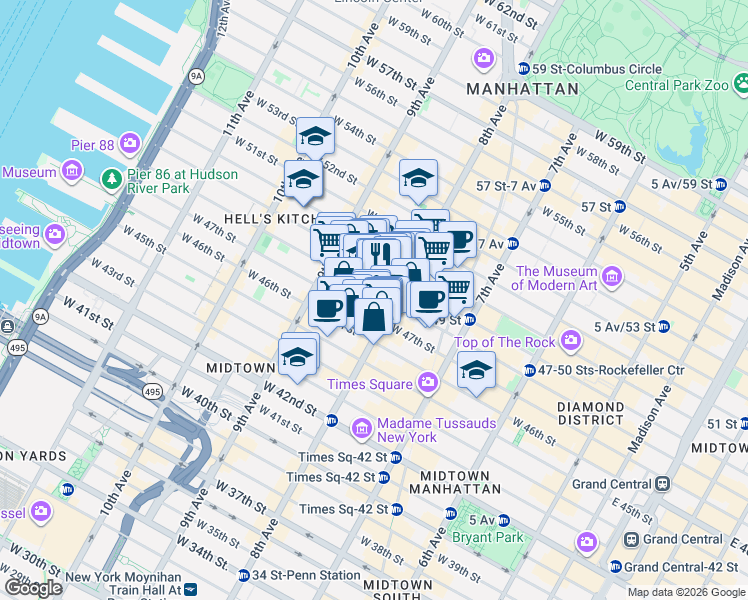 map of restaurants, bars, coffee shops, grocery stores, and more near in New York