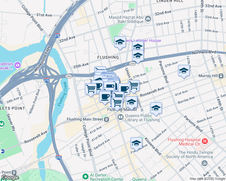 map of restaurants, bars, coffee shops, grocery stores, and more near 136-20 38th Avenue in Queens
