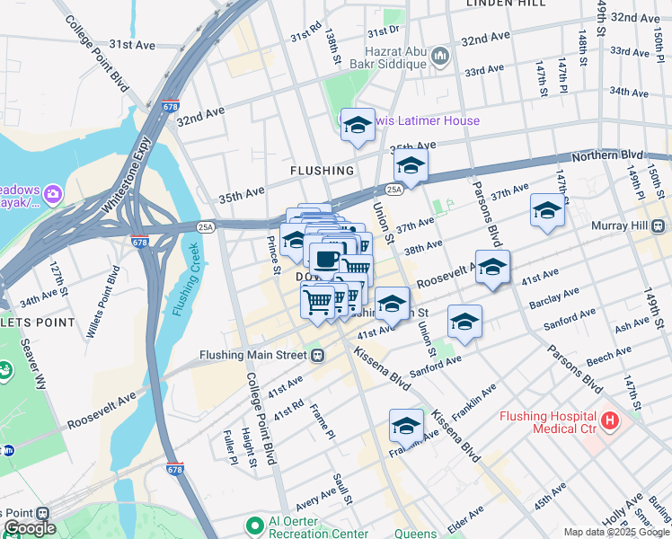 map of restaurants, bars, coffee shops, grocery stores, and more near 136-20 38th Avenue in Queens