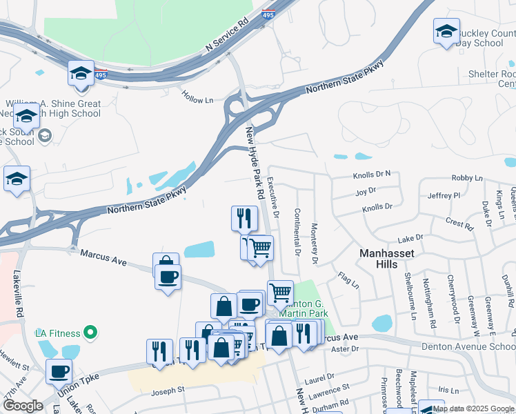 map of restaurants, bars, coffee shops, grocery stores, and more near Lake Success Quadrangle in Nassau County
