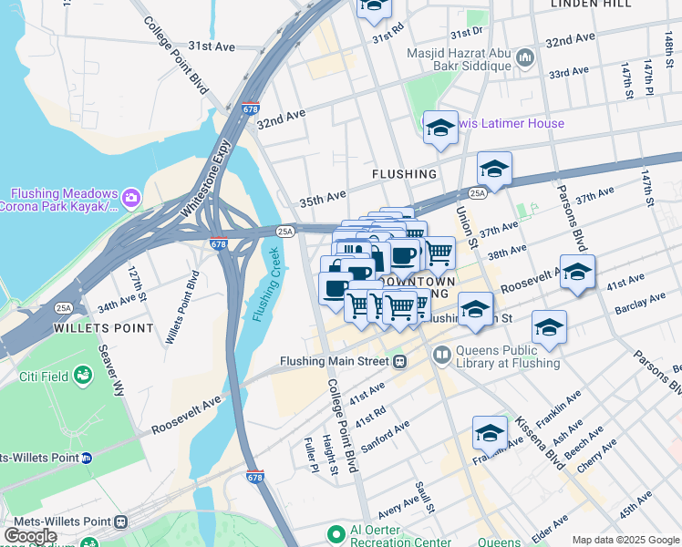 map of restaurants, bars, coffee shops, grocery stores, and more near 135-15 37th Avenue in Queens