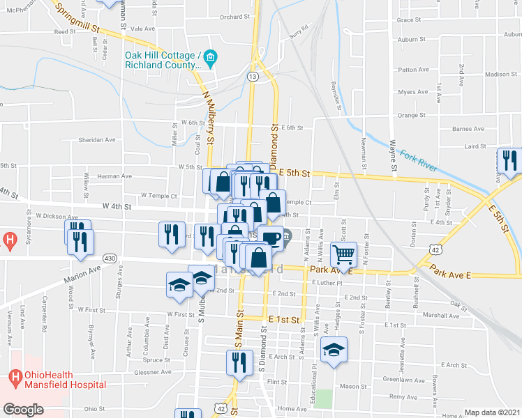map of restaurants, bars, coffee shops, grocery stores, and more near 29 East 4th Street in Mansfield