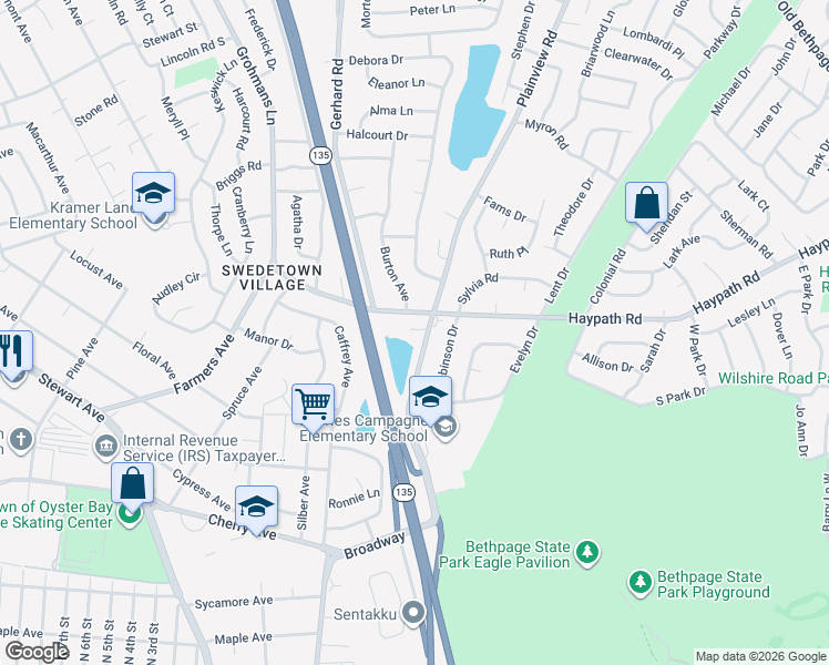 map of restaurants, bars, coffee shops, grocery stores, and more near 690 Plainview Road in Bethpage