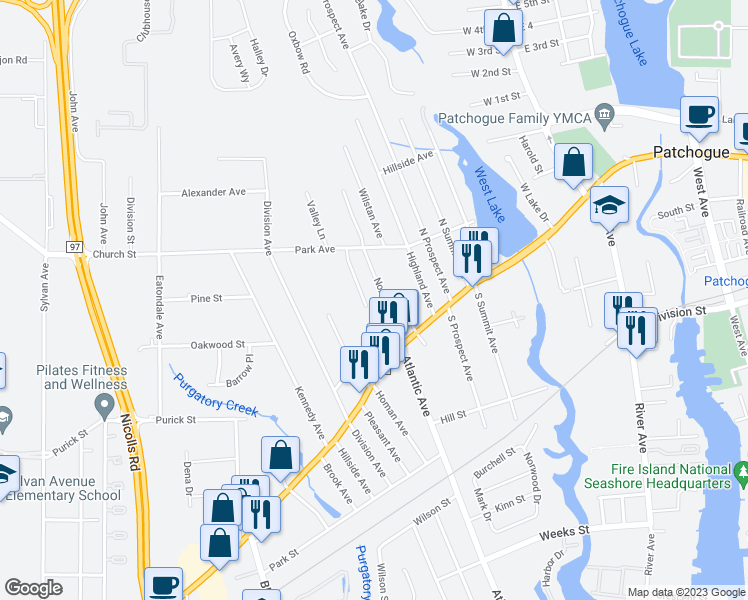 map of restaurants, bars, coffee shops, grocery stores, and more near 9 Hunting Hill Drive in Blue Point