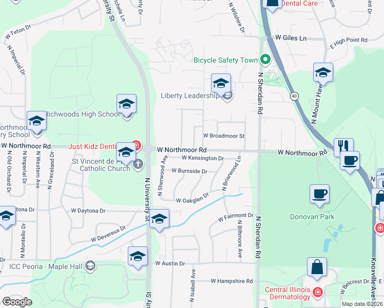 map of restaurants, bars, coffee shops, grocery stores, and more near 1019 West Kensington Drive in Peoria