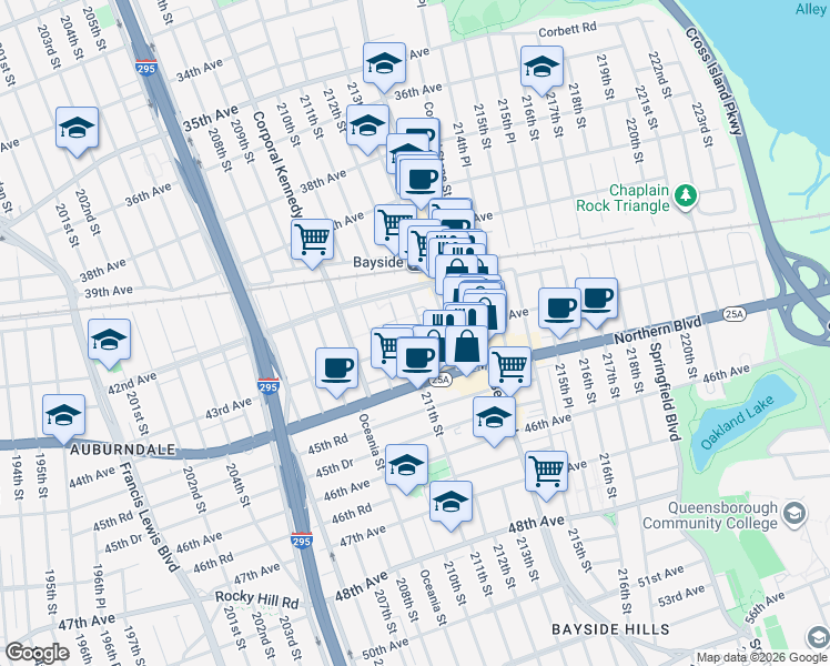 map of restaurants, bars, coffee shops, grocery stores, and more near 212-02 43rd Avenue in Queens