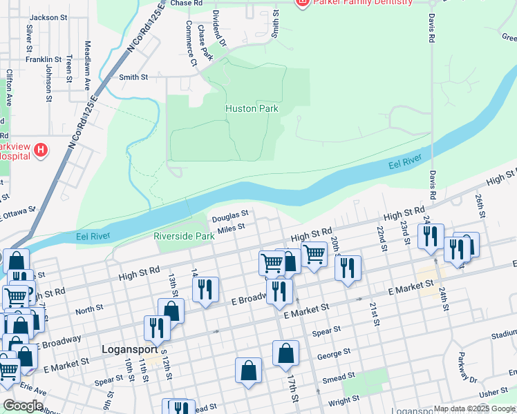 map of restaurants, bars, coffee shops, grocery stores, and more near 44 17th St in Logansport
