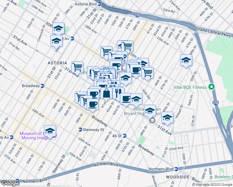 map of restaurants, bars, coffee shops, grocery stores, and more near 30-86 42nd Street in Queens