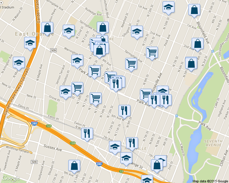 map of restaurants, bars, coffee shops, grocery stores, and more near 298 Park Avenue in Newark