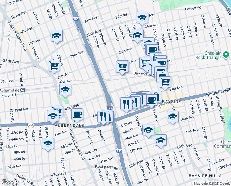 map of restaurants, bars, coffee shops, grocery stores, and more near 207-18 42nd Avenue in Queens