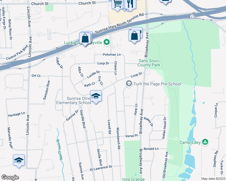 map of restaurants, bars, coffee shops, grocery stores, and more near 394 Wyandanch Road in Sayville