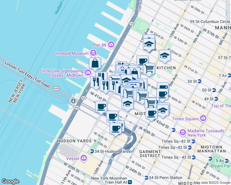 map of restaurants, bars, coffee shops, grocery stores, and more near 558 11th Avenue in New York