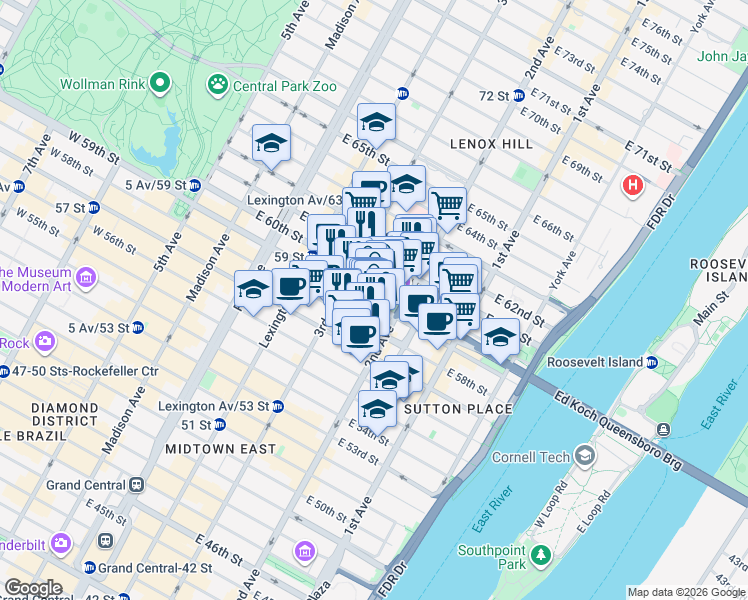 map of restaurants, bars, coffee shops, grocery stores, and more near 237 East 59th Street in New York