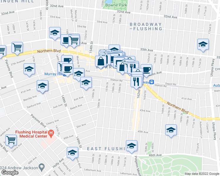 map of restaurants, bars, coffee shops, grocery stores, and more near in Queens