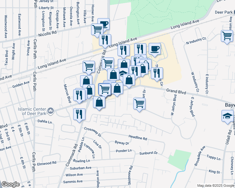 map of restaurants, bars, coffee shops, grocery stores, and more near 1 Brandywine Drive in Deer Park