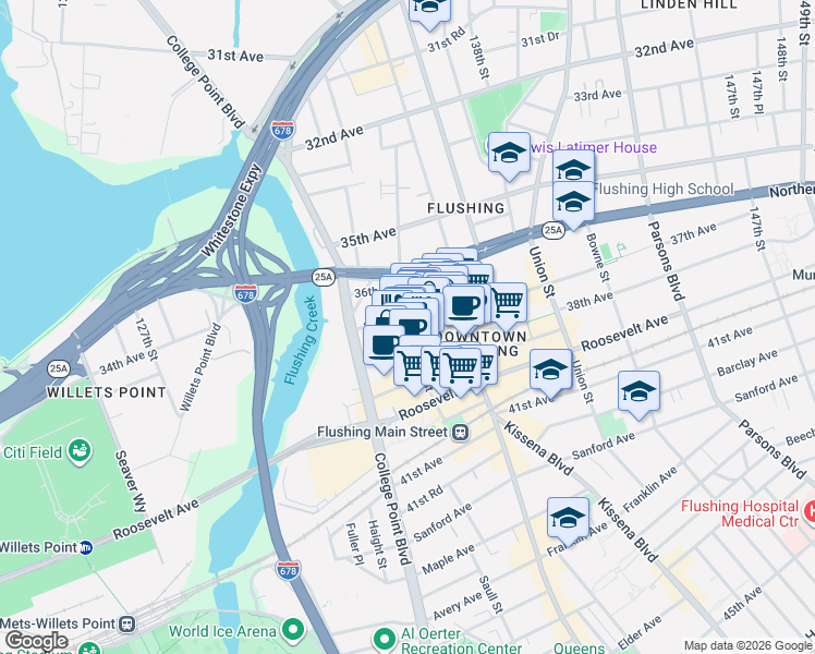 map of restaurants, bars, coffee shops, grocery stores, and more near 135-15 37th Avenue in Queens