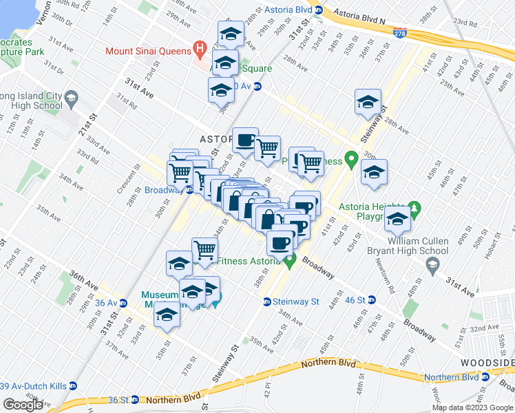 map of restaurants, bars, coffee shops, grocery stores, and more near 31-69 35th Street in Queens