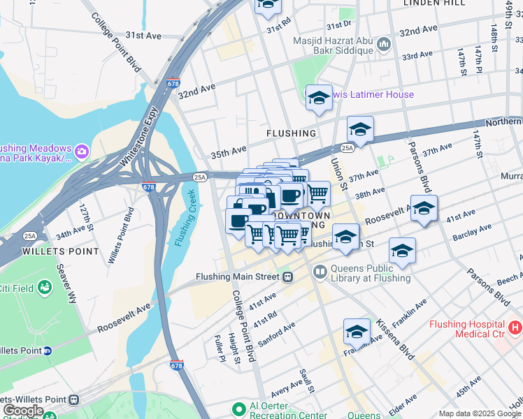 map of restaurants, bars, coffee shops, grocery stores, and more near 135-15 37th Avenue in Queens