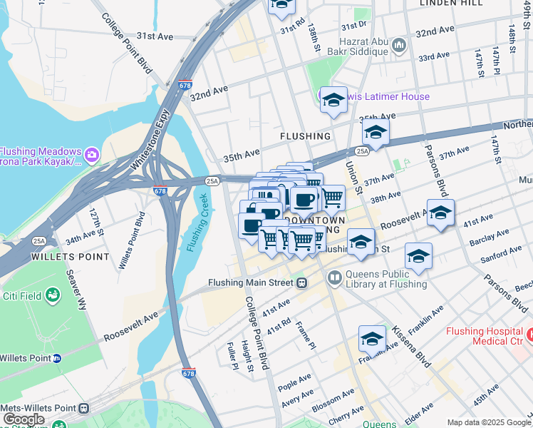 map of restaurants, bars, coffee shops, grocery stores, and more near 36-36 Prince Street in Queens