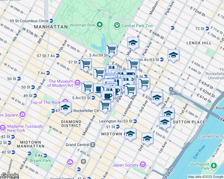 map of restaurants, bars, coffee shops, grocery stores, and more near 555 Madison Avenue in New York