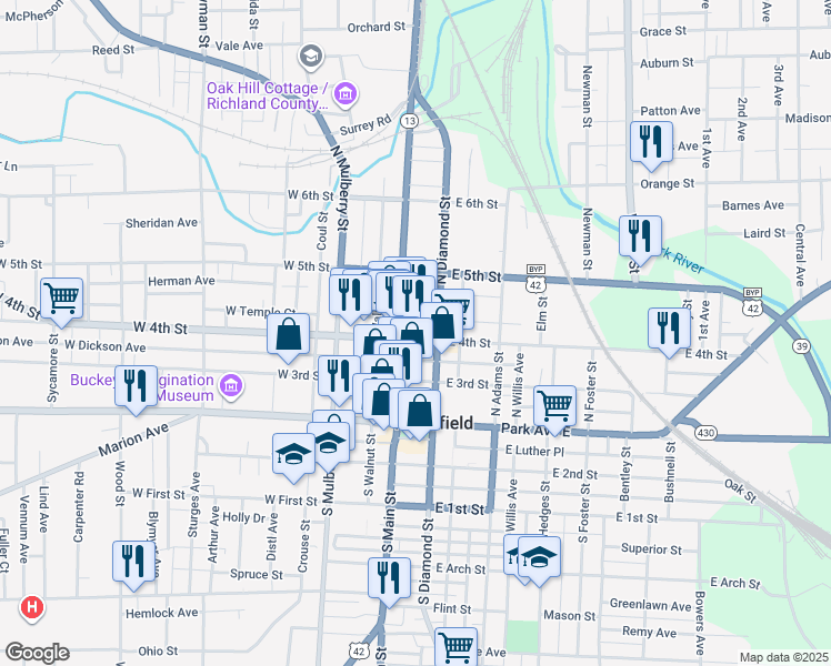 map of restaurants, bars, coffee shops, grocery stores, and more near 21 East 4th Street in Mansfield