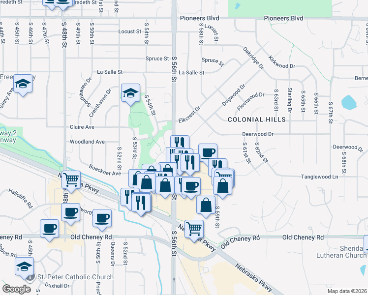 map of restaurants, bars, coffee shops, grocery stores, and more near 5201 Dogwood Court in Lincoln