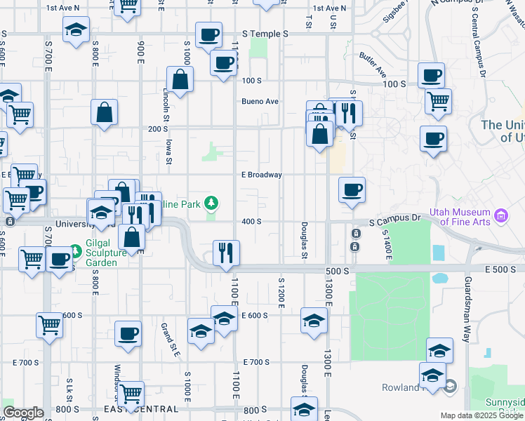map of restaurants, bars, coffee shops, grocery stores, and more near 1145 East 400 South in Salt Lake City