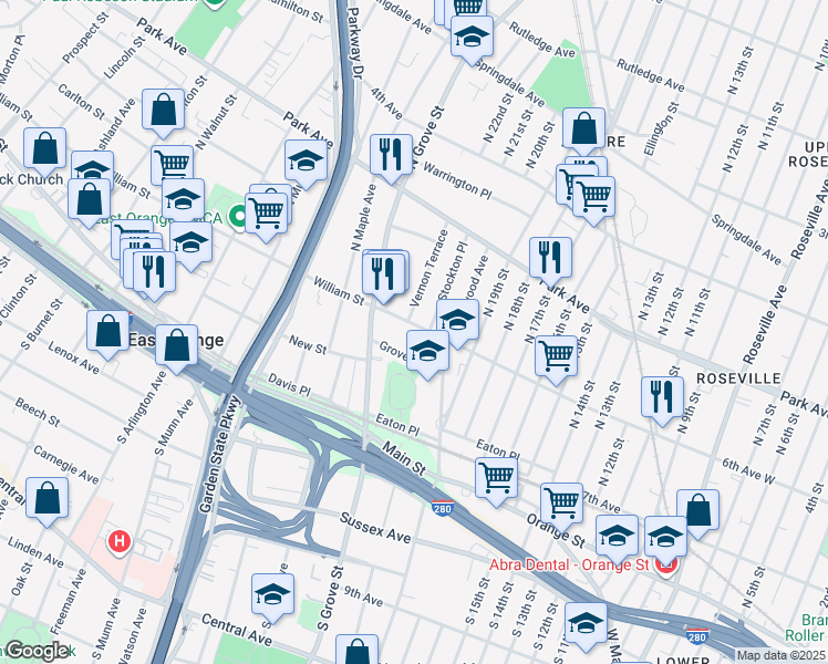map of restaurants, bars, coffee shops, grocery stores, and more near 155 William Street in East Orange
