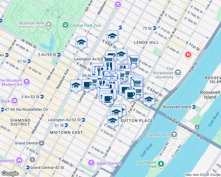 map of restaurants, bars, coffee shops, grocery stores, and more near 223 East 59th Street in New York