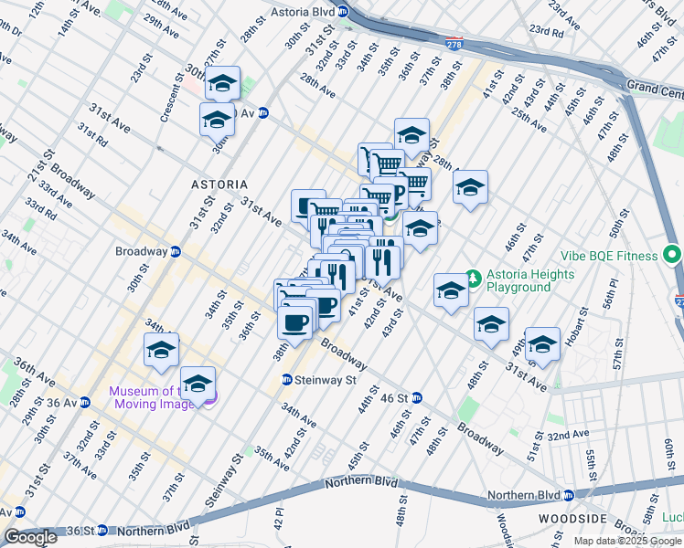 map of restaurants, bars, coffee shops, grocery stores, and more near 3101 Steinway Street in Queens