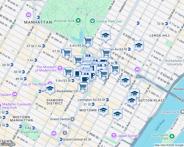 map of restaurants, bars, coffee shops, grocery stores, and more near 65 East 55th Street in New York