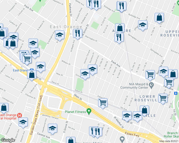 map of restaurants, bars, coffee shops, grocery stores, and more near 136 William Street in East Orange