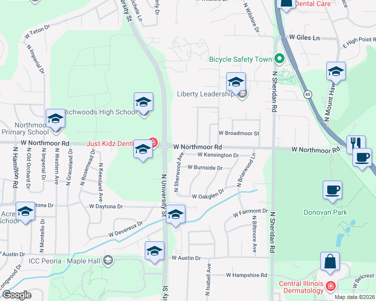 map of restaurants, bars, coffee shops, grocery stores, and more near 1123 West Kensington Drive in Peoria