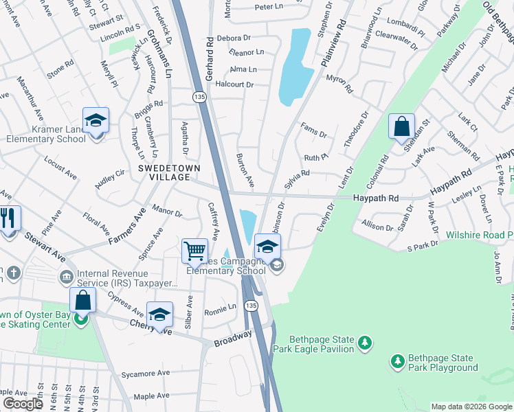 map of restaurants, bars, coffee shops, grocery stores, and more near 690 Plainview Road in Bethpage